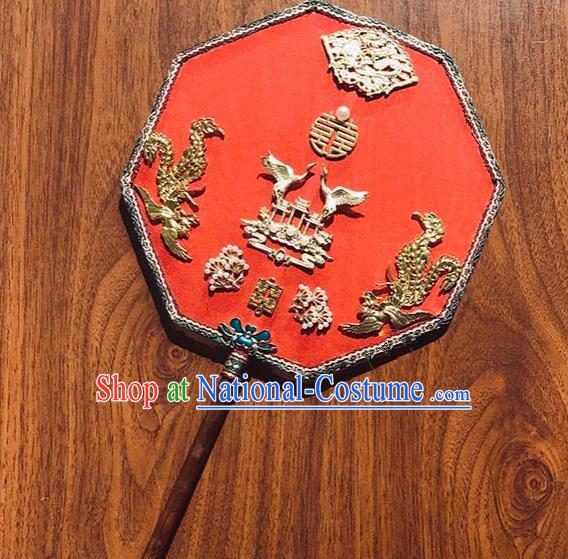 China Traditional Red Silk Fan Wedding Octagon Fan Handmade Golden Crane Palace Fan