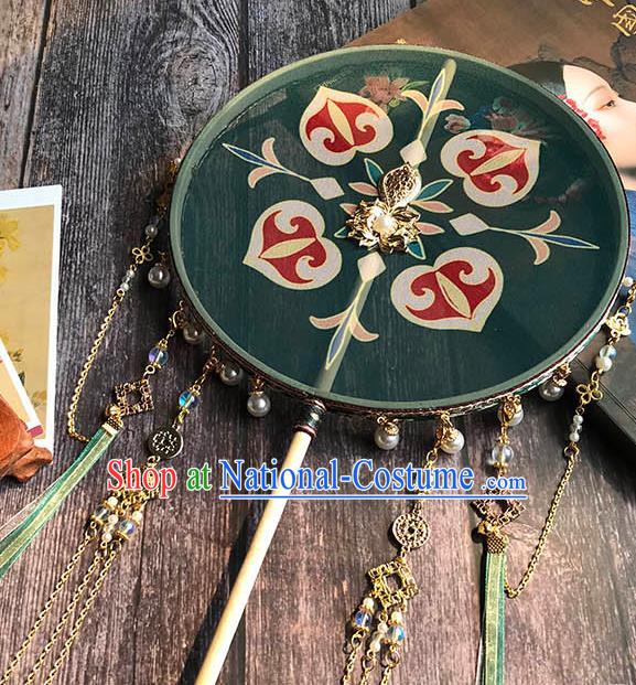 China Handmade Green Silk Palace Fan Wedding Circular Fan Traditional Tang Dynasty Princess Fan