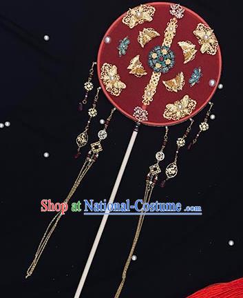 China Handmade Blueing Peony Palace Fan Wedding Circular Fan Traditional Red Silk Fan