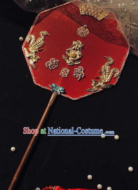 China Traditional Wedding Red Silk Fan Handmade Palace Fan Bride Octagon Fan