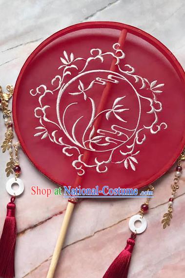 China Traditional Bride Embroidered Orchids Circular Fan Wedding Red Silk Fan Handmade Palace Fan