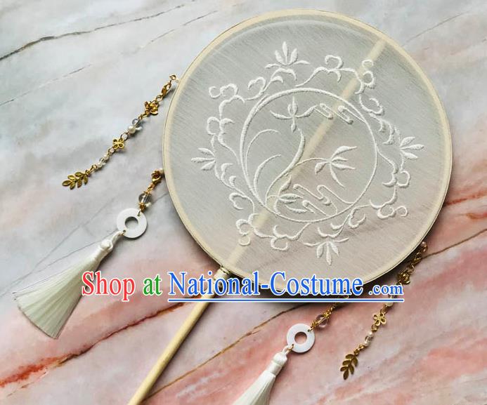 China Handmade Palace Fan Traditional Bride Embroidered Orchids Circular Fan Wedding Beige Silk Fan