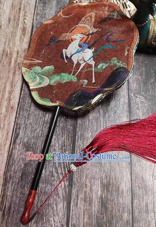 China Handmade Printing Nine Color Deer Palace Fan Traditional Hanfu Fan Brown Silk Fan