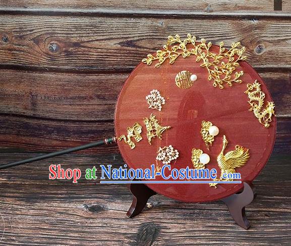 China Traditional Hanfu Golden Crane Circular Fan Ancient Bride Palace Fan Handmade Red Silk Fan