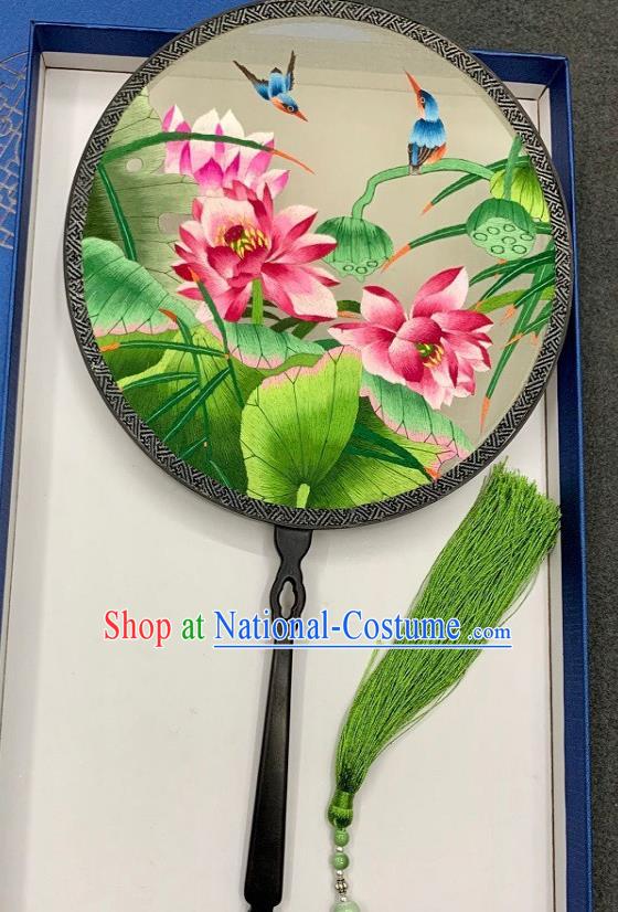 China Double Side Embroidery Lotus Palace Fan Handmade Embroidered Circular Fan Traditional Hanfu Silk Fan