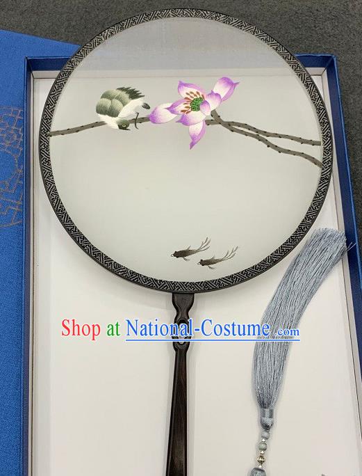 China Traditional Dance Silk Fan Handmade Double Side Embroidered Circular Fan Embroidery Lotus Palace Fan