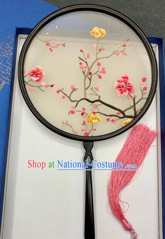 China Traditional Hanfu Silk Fan Embroidery Plum Palace Fan Handmade Double Side Embroidered Circular Fan