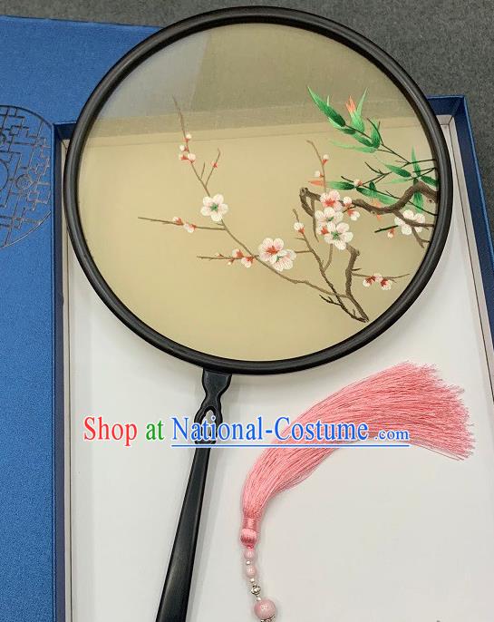 China Handmade Embroidery Plum Blossom Palace Fan Double Side Embroidered Circular Fan Traditional Dance Beige Silk Fan