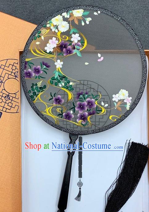 China Handmade Embroidery Palace Fan Double Side Embroidered Black Silk Circular Fan