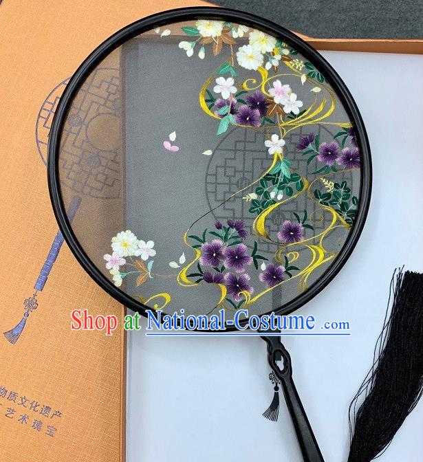 China Handmade Embroidery Palace Fan Double Side Embroidered Black Silk Circular Fan