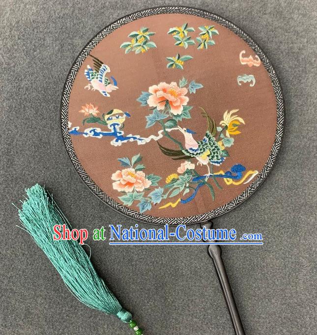 China Double Side Embroidered Jacinth Silk Circular Fan Handmade Embroidery Phoenix Peony Palace Fan