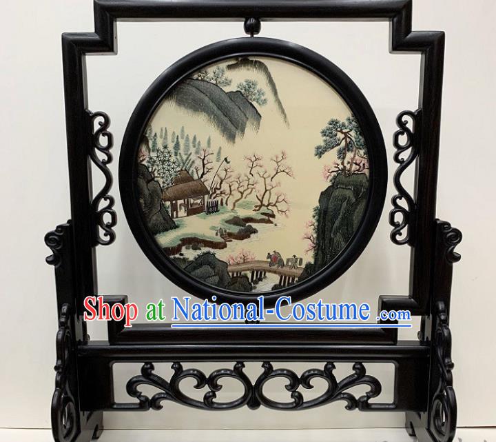 Chinese Traditional Double Side Embroidery Craft Embroidered Table Screen Handmade Ebony Desk Decoration