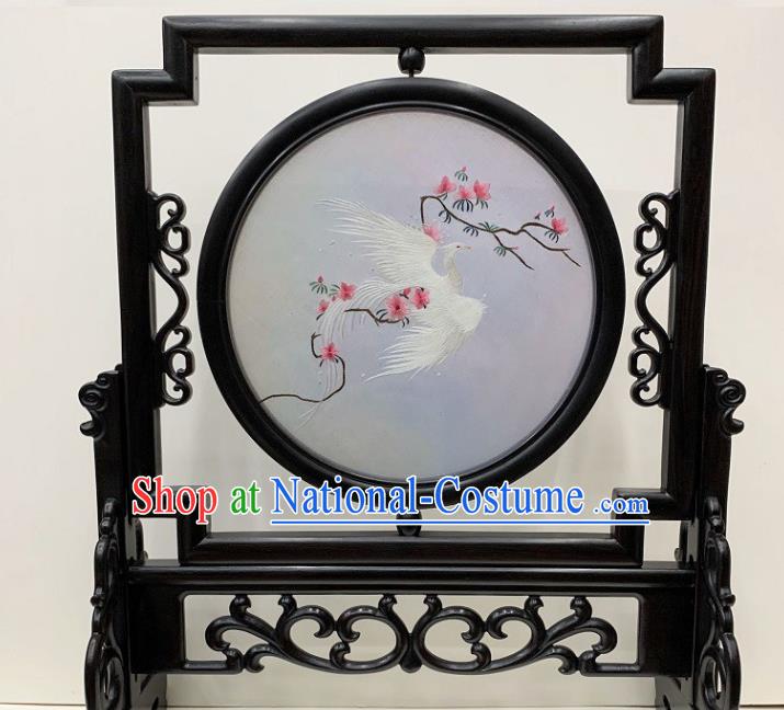 Chinese Handmade Ebony Desk Decoration Traditional Double Side Embroidery Craft Embroidered White Phoenix Table Screen