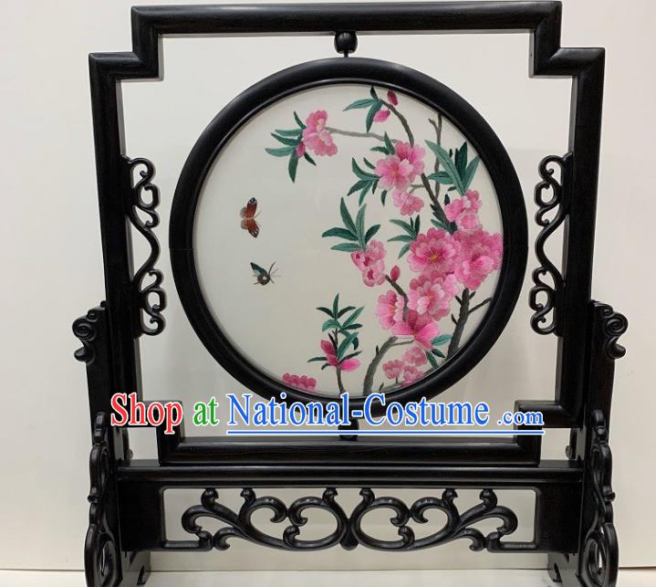 Chinese Embroidered Peach Blossom Table Screen Handmade Ebony Desk Decoration Traditional Double Side Embroidery Craft