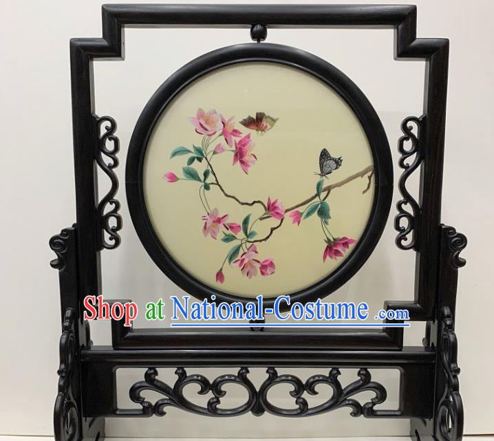 Chinese Traditional Double Side Embroidery Craft Handmade Ebony Desk Decoration Embroidered Peach Blossom Table Screen