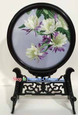 Chinese Handmade Embroidered Epiphyllum Table Screen Traditional Ebony Desk Decoration