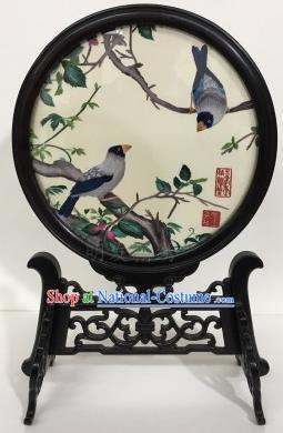 Chinese Traditional Ebony Desk Decoration Handmade Embroidered Birds Table Screen