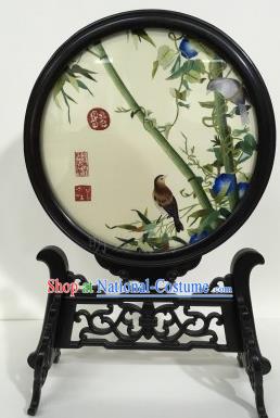 Chinese Traditional Ebony Craft Desk Decoration Handmade Embroidered Petunia Bamboo Table Screen