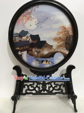 Chinese Handmade Embroidered Waterside Table Screen Ebony Desk Decoration Traditional Embroidery Craft