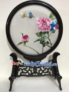 Chinese Traditional Embroidery Craft Handmade Embroidered Peony Table Screen Ebony Desk Decoration