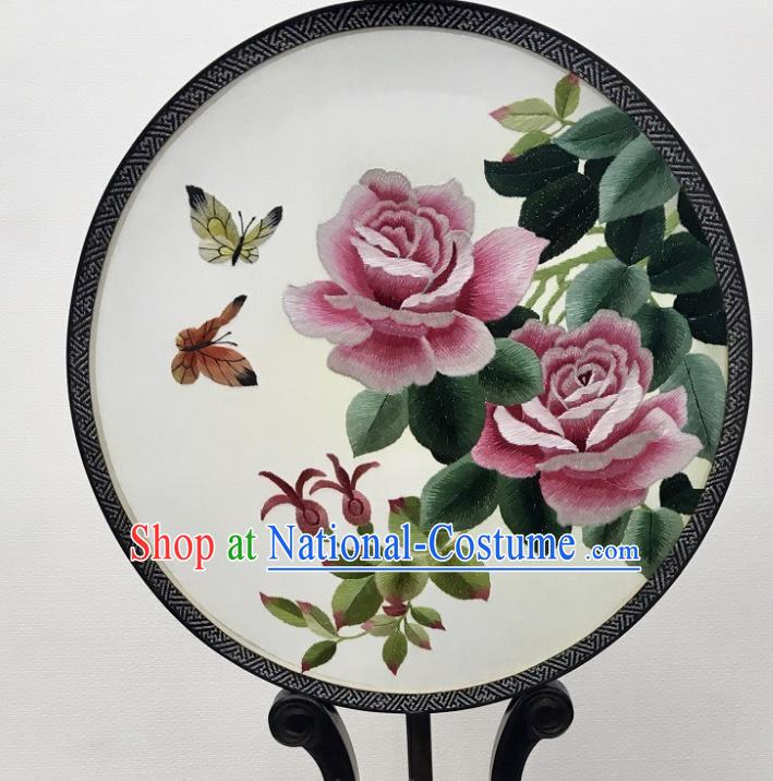 China Handmade Embroidery Peony Palace Fan Ebony Circular Fan Silk Fan