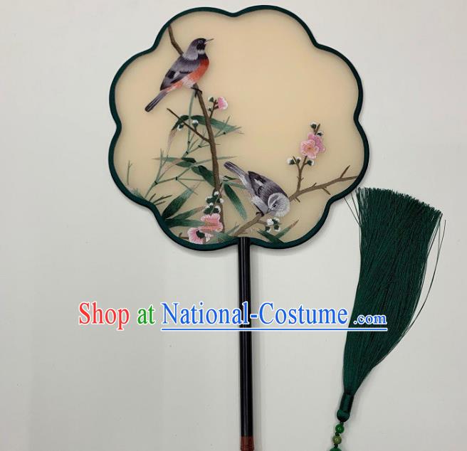 China Handmade Embroidery Plum Bird Palace Fan Mottled Bamboo Fan Beige Silk Fan