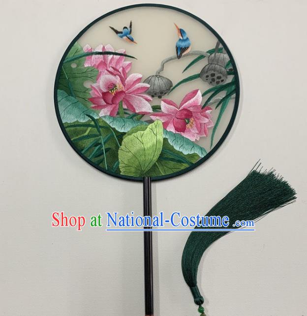 China Handmade Embroidery Lotus Palace Fan Circular Fan Silk Fan