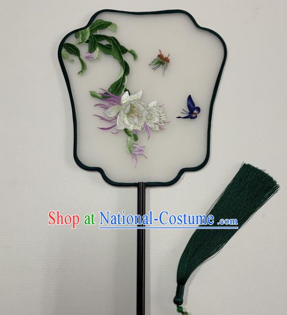 China Handmade Hanfu Fan Silk Fan Embroidery Epiphyllum Palace Fan