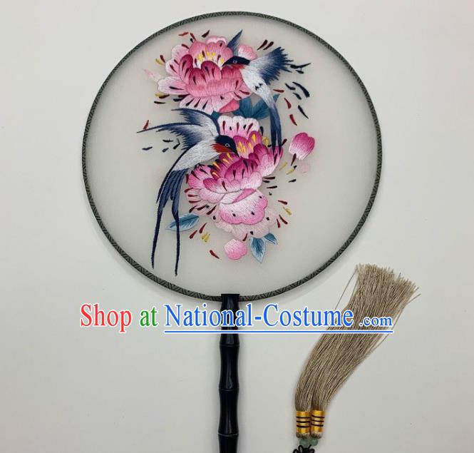 China Handmade Silk Fan Hanfu Circular Fan Embroidery Peony Birds Palace Fan