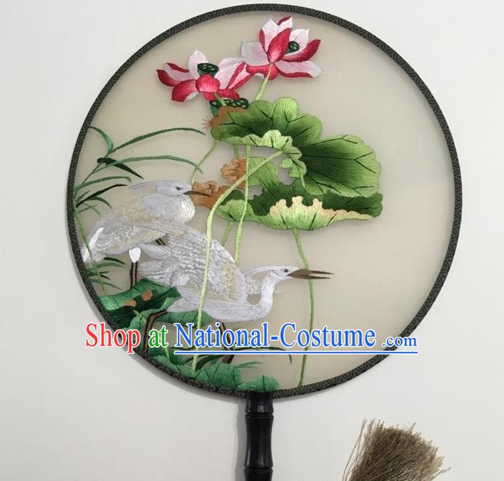 China Suzhou Embroidery Egret Lotus Palace Fan Traditional Hanfu Circular Fan Handmade Beige Silk Fan