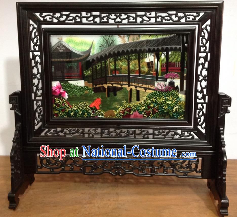 Chinese Rosewood Carving Desk Decoration Traditional Embroidery Craft Handmade Embroidered Humble Administrator Garden Table Screen