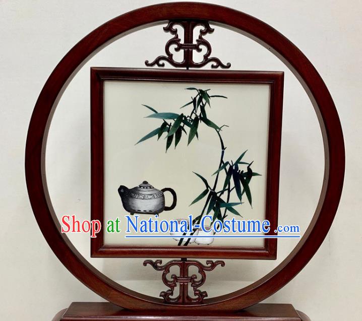 Chinese Embroidered Bamboo Table Screen Traditional Embroidery Craft Handmade Palisander Desk Decoration