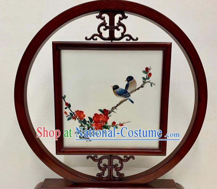 Chinese Embroidered Flowers Bird Table Screen Handmade Palisander Desk Decoration Traditional Embroidery Craft