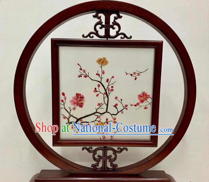 Chinese Embroidery Silk Table Screen Handmade Embroidered Plum Flowers Desk Decoration Traditional Palisander Craft