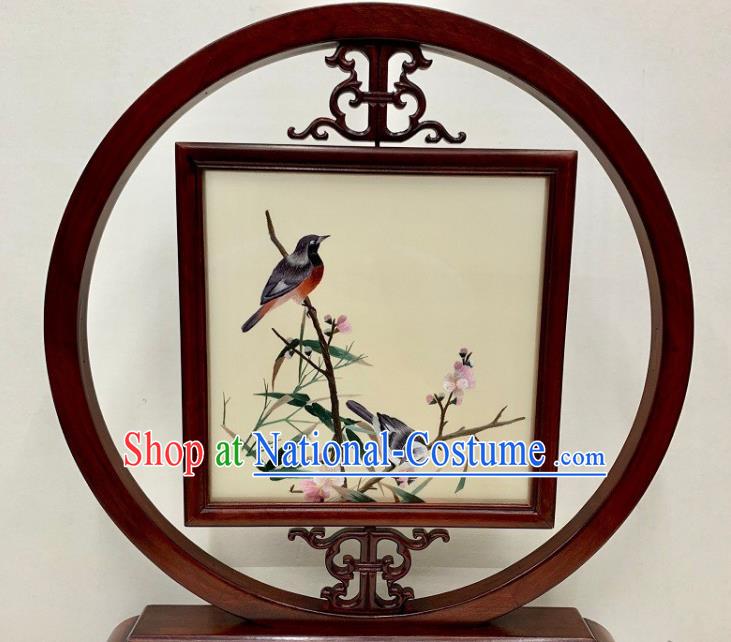 Chinese Traditional Palisander Craft Embroidery Silk Table Screen Handmade Embroidered Plum Bamboo Desk Decoration