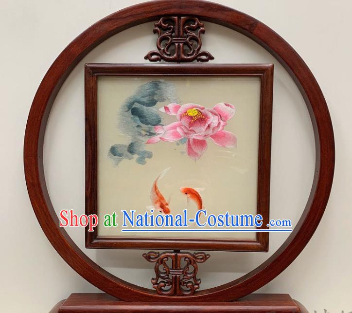 Chinese Handmade Silk Table Screen Embroidered Lotus Desk Decoration Traditional Palisander Craft