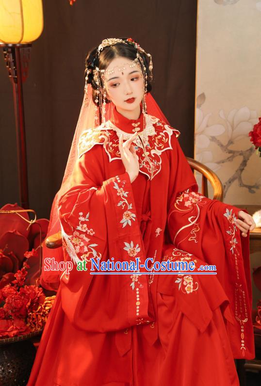 China Ancient Noble Lady Embroidered Red Hanfu Dress Traditional Ming Dynasty Wedding Historical Clothing Full Set