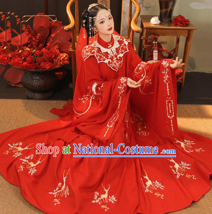 China Ancient Noble Lady Embroidered Red Hanfu Dress Traditional Ming Dynasty Wedding Historical Clothing Full Set