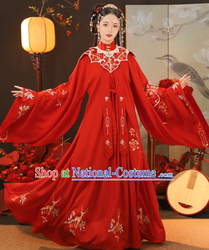 China Ancient Noble Lady Embroidered Red Hanfu Dress Traditional Ming Dynasty Wedding Historical Clothing Full Set