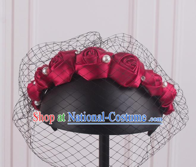 French Elegant Wedding Face Veil Headwear Bride Wine Red Satin Rose Hair Clasp