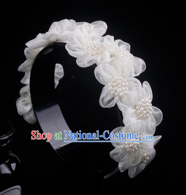 French Wedding Pearls Headband Bride White Silk Flowers Hair Clasp Elegant Hair Accessories