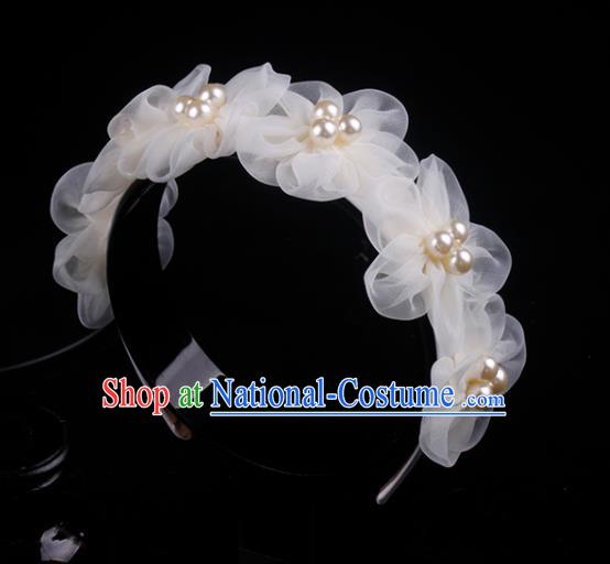 French Wedding Princess Pearls Headband Elegant Hair Accessories Bride Champagne Silk Flowers Hair Clasp