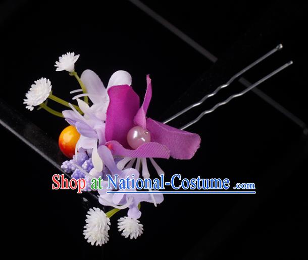 Top Grade Wedding Bride Hair Accessories Handmade Hair Stick Classical Purple Silk Flower Hairpin