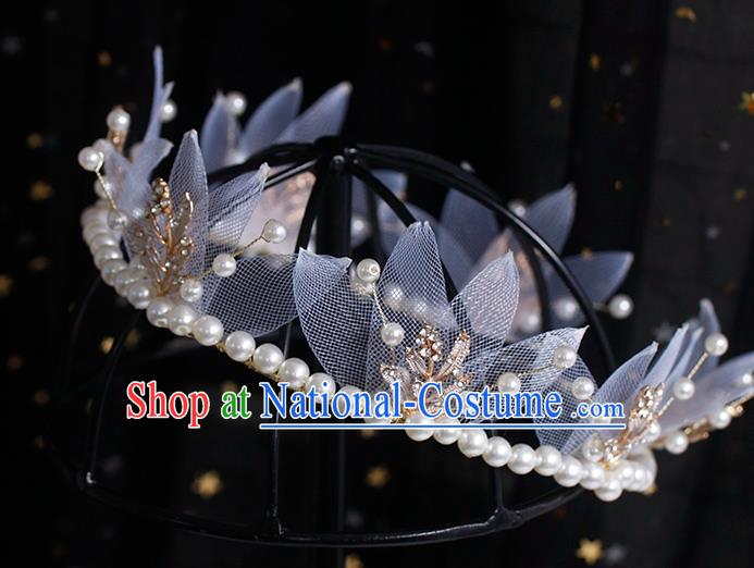 Europe Bride Silk Leaf Royal Crown Elegant Hair Accessories Wedding Princess Pearls Headband