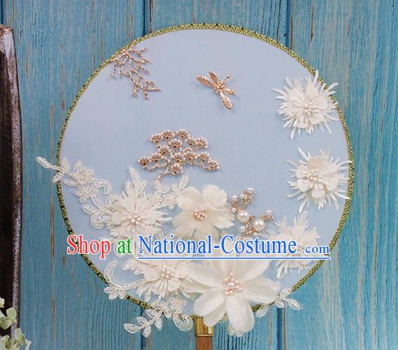 China Wedding Silk Fan Handmade White Flowers Palace Fan Traditional Bride Circular Fan