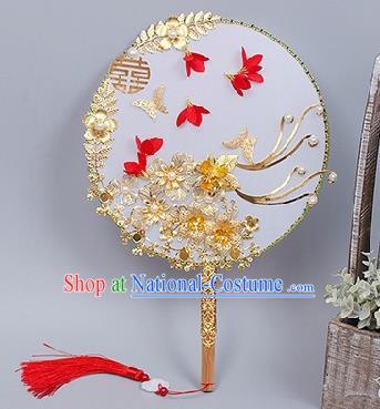 China Handmade Golden Flowers Palace Fan Traditional Bride Circular Fan Wedding Silk Fan