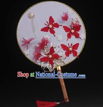 China Traditional Bride Circular Fan Wedding Silk Fan Handmade Red Butterfly Palace Fan