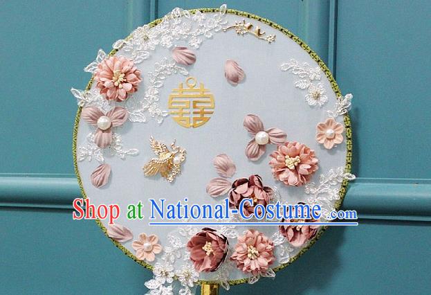 China Traditional Wedding Silk Fan Bride Circular Fan Handmade Pink Roses Palace Fan