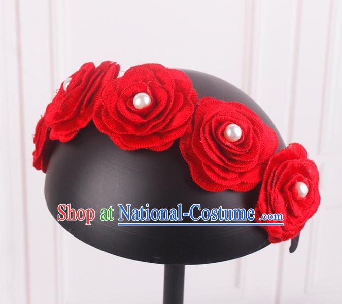 French Bride Red Rose Hair Clasp Elegant Wedding Headband Court Hair Accessories