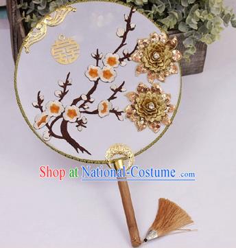 China Traditional Xiuhe Suit Golden Peony Silk Fan Wedding Bride Palace Fan Handmade Embroidered Plum Circular Fan